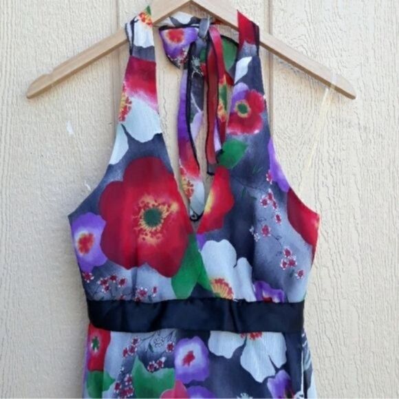 90's Anime Vibrant Poppy Floral Halter Dress Colorful SharkBite Hem Satin Tie - Picture 5 of 8
